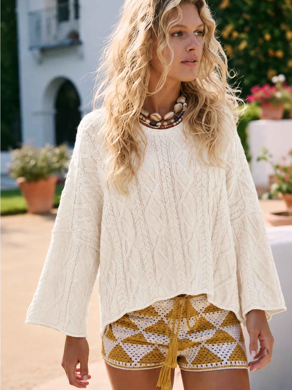 Free People Washed Ashore White Cable Stitch Cotton Sweater